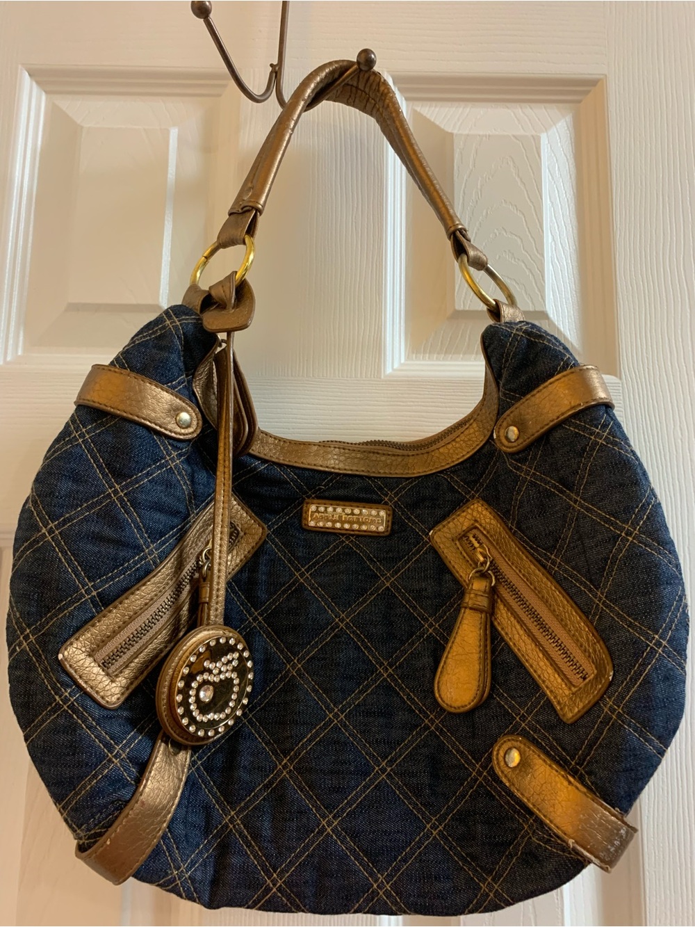 VTG Y2K Apple Bottoms Quilted Denim & Metallic Gold Hobo Bag Rhinestone Charm